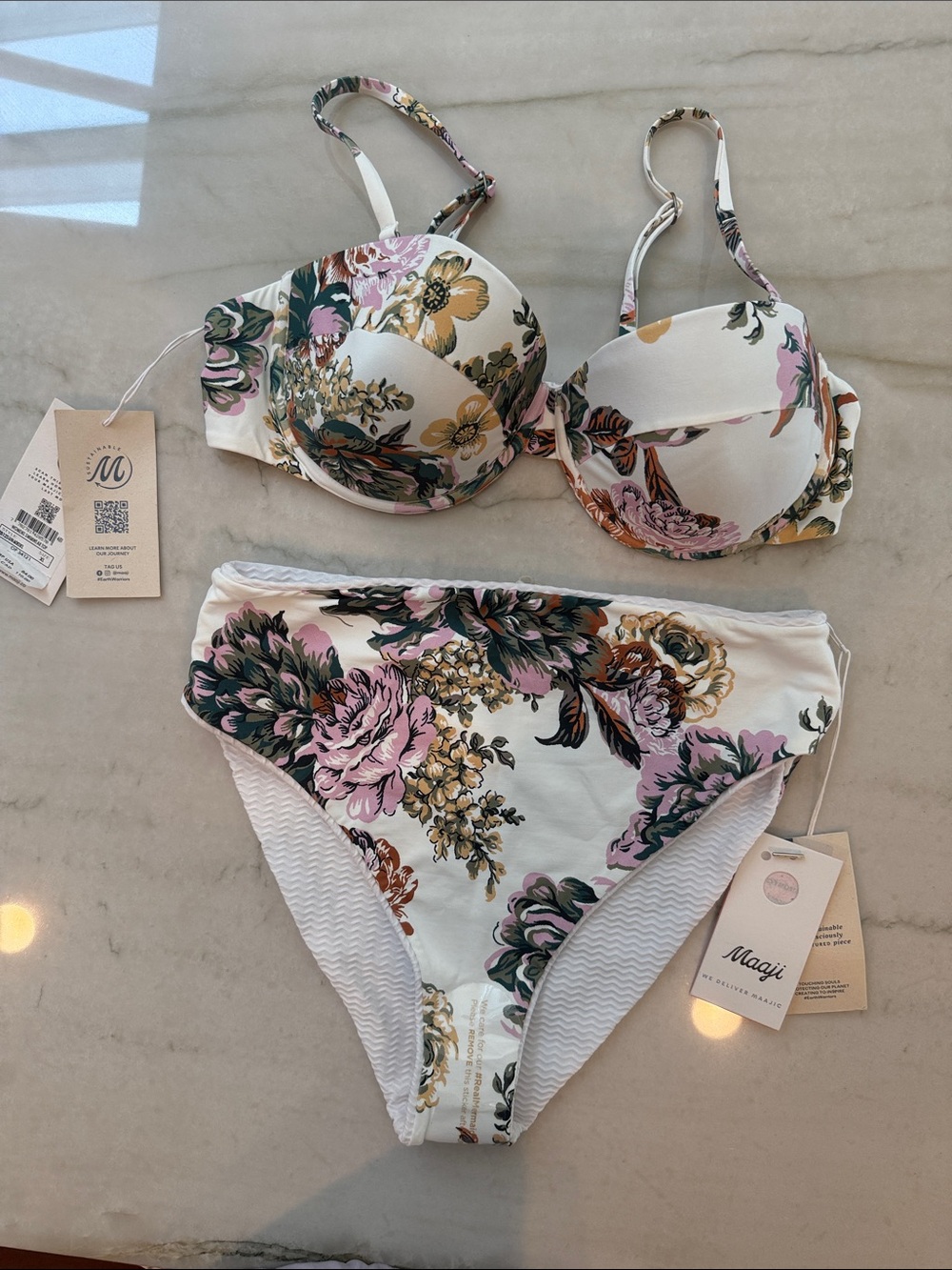 Maaji Floral Underwire high waist Bikini Set - White with Pink & Green Accents